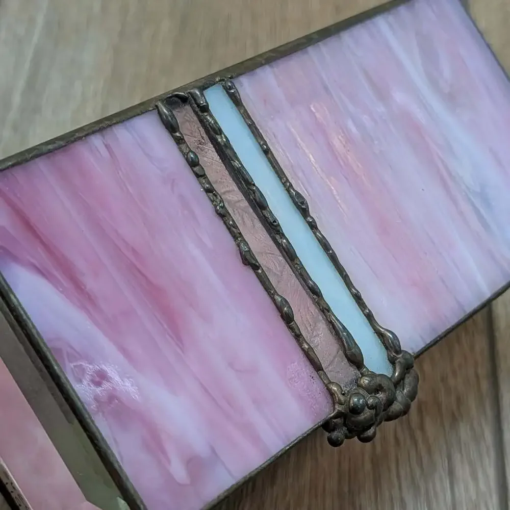 Vintage Stained Glass Jewelry Box with Pink Swirl Art Glass Lid and Mirrored Bot